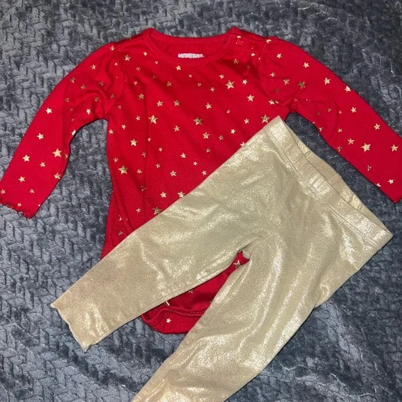 🩷5/$25 Red Gold Star Bodysuit & Gold Glitter Leggings Set Baby Girl 6–9M - Picture 2 of 3